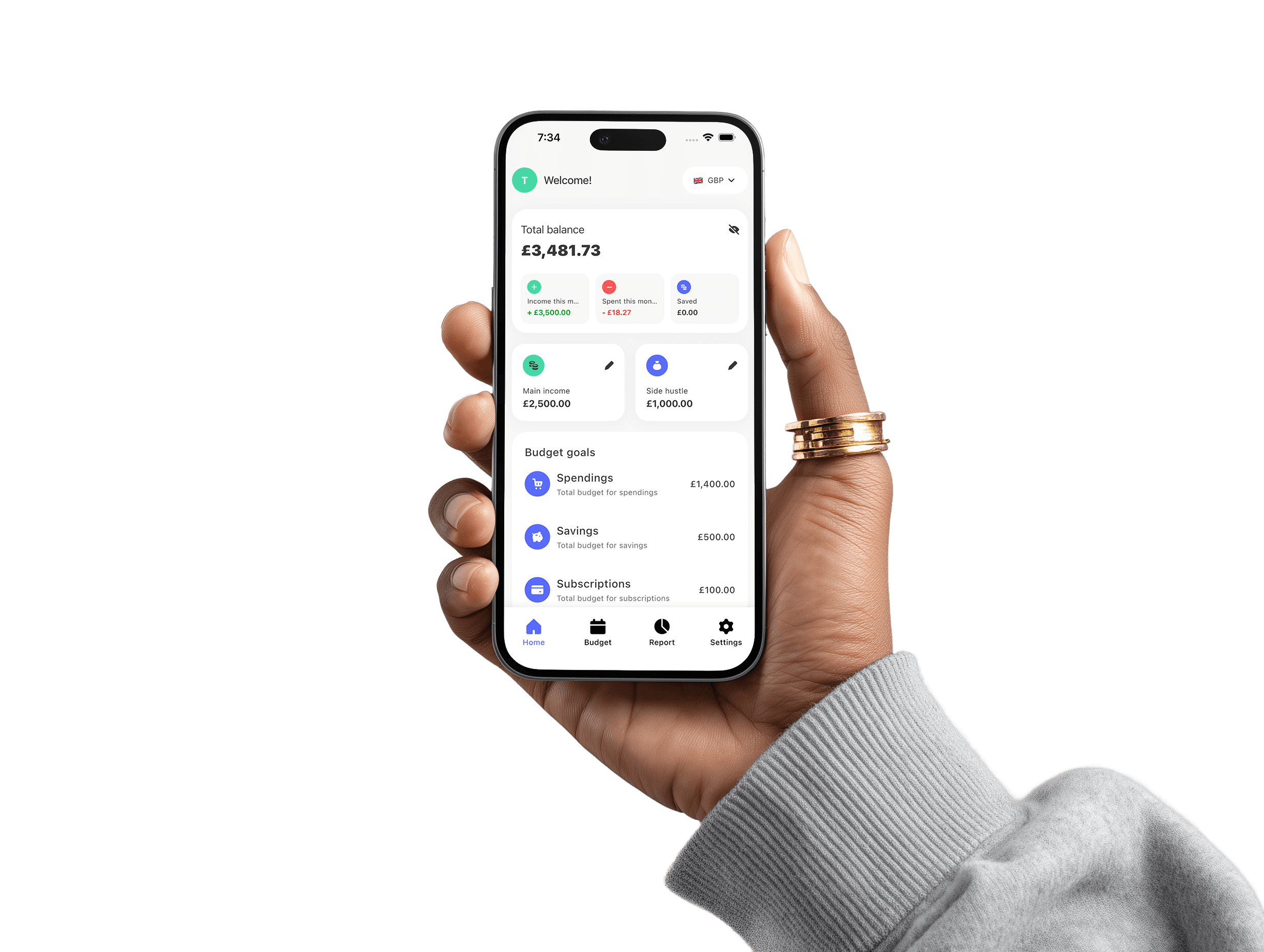 A hand holding the Trackii app on a phone
